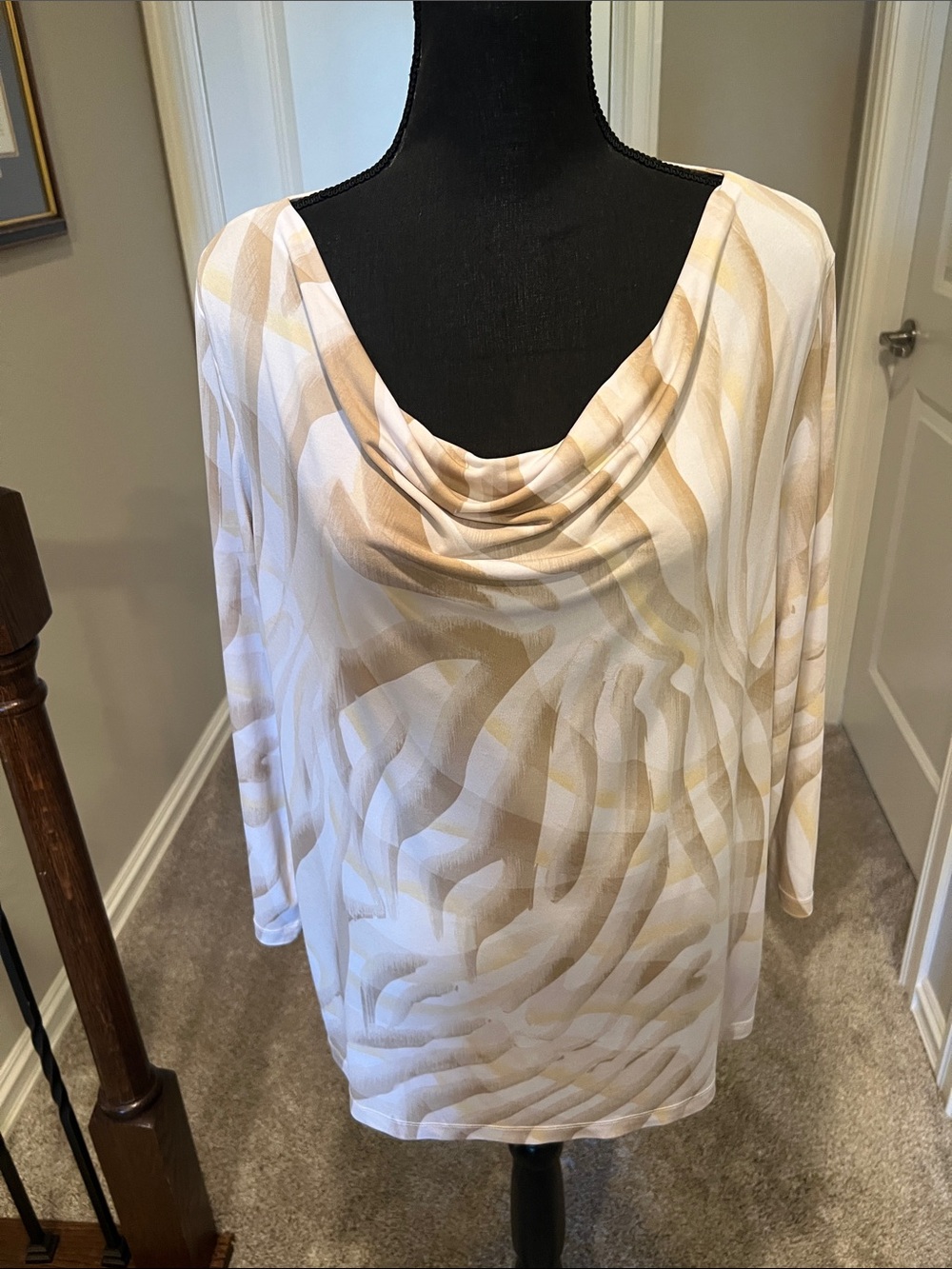 Chico's Cream & Tan Draped Cowl Neck Blouse